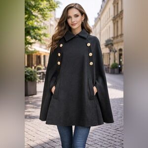 SHEIN Elegant Black Cape Coat with Gold Buttons SZ S